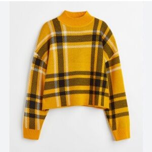 H&M mock neck sweater, plaid, yellow/black/white. size XXS